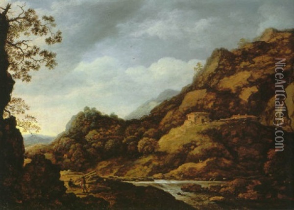 A Rocky Riverlandscape With Peasants Gathering Wood, Hilltop Houses And Mountains Beyond Oil Painting - Allaert van Everdingen