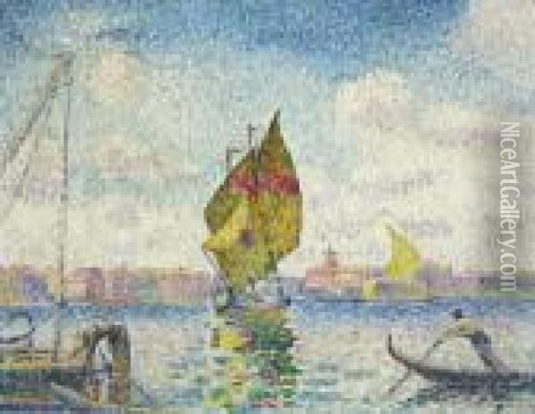 Barques A Voiles Sur La Giudecca Or Venise, Marine Oil Painting - Henri Edmond Cross