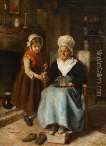 Interieur Mit Grosmutter Und Ihrer Enkelin Oil Painting - Andre Henri Dargelas