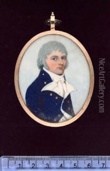 A Naval Officer Wearing Blue Coat, Gold Buttons Embossed With An Anchor, White Waistcoat And Cravat Oil Painting - Frederick Buck