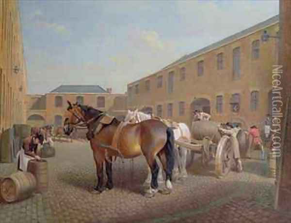 Loading the Drays at Whitbread Brewery Chiswell Street London 2 Oil Painting - George Garrard