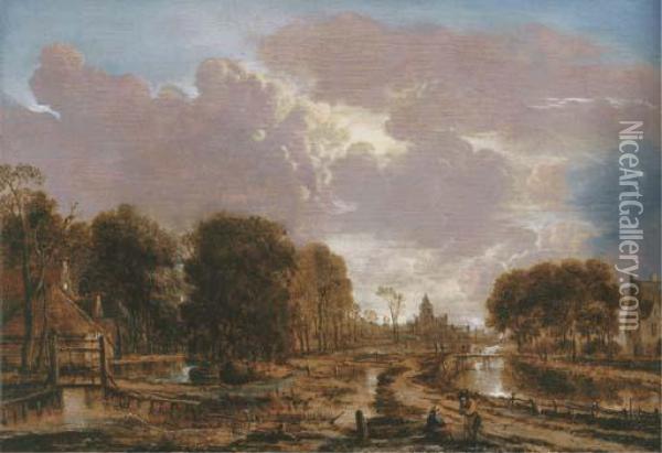 A Wooded Landscape Oil Painting - Aert van der Neer