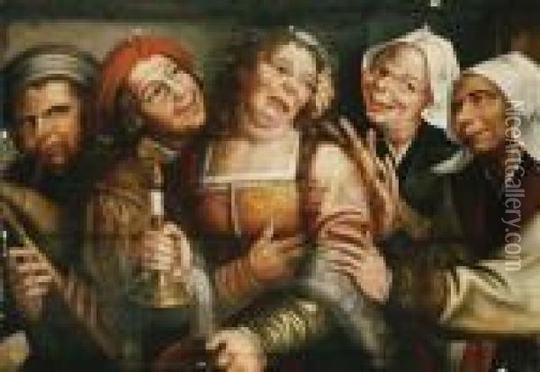 Peasants Carousing With A Woman Holding A Candle Oil Painting - Jan Massys