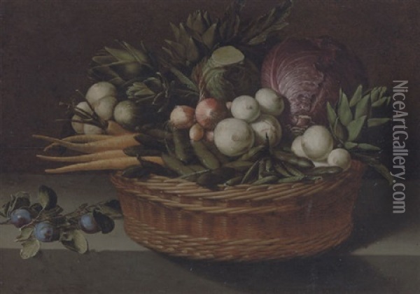 Onions, Peas, Beans, Turnips, Parsnips, Artichokes, Cabbages And A Marrow In A Wicker Basket With Plums On A Stone Ledge Oil Painting - Pieter Van Boucle