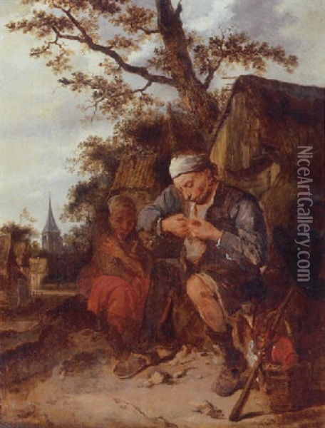 Peasants Seated Outside A Farmhouse Oil Painting - Harmen Hals