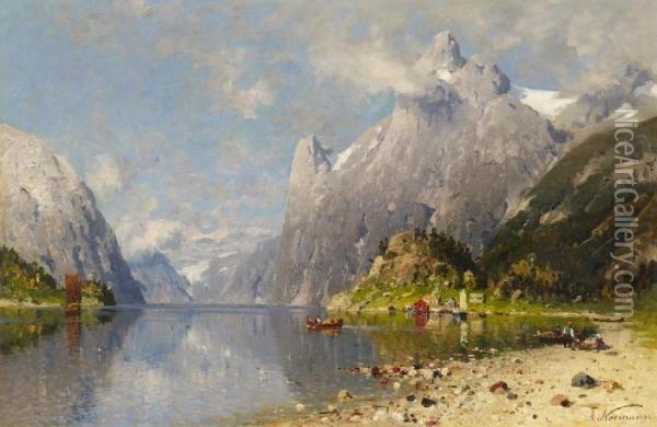 Summery Fiord Landscape Oil Painting - Adelsteen Normann