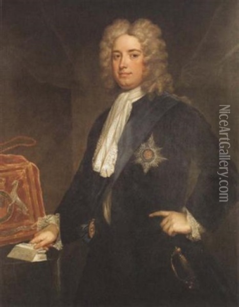 Portrait Of Sir Robert Walpole As Chancellor Of The Exchequer, In A Black Velvet Coat, Wearing The Star And Riband Of The Order Of The Garter Oil Painting - Charles Jervas