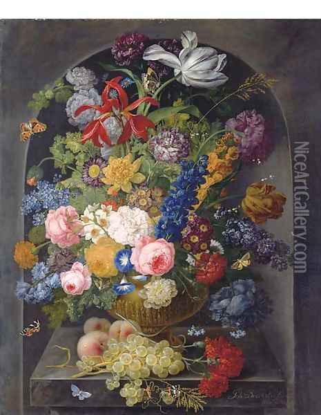 Roses, carnations, tulips and other flowers in a gold sculpted urn with peaches and grapes on a stone ledge with butterflies, in a niche Oil Painting - Johann Baptist Drechsler