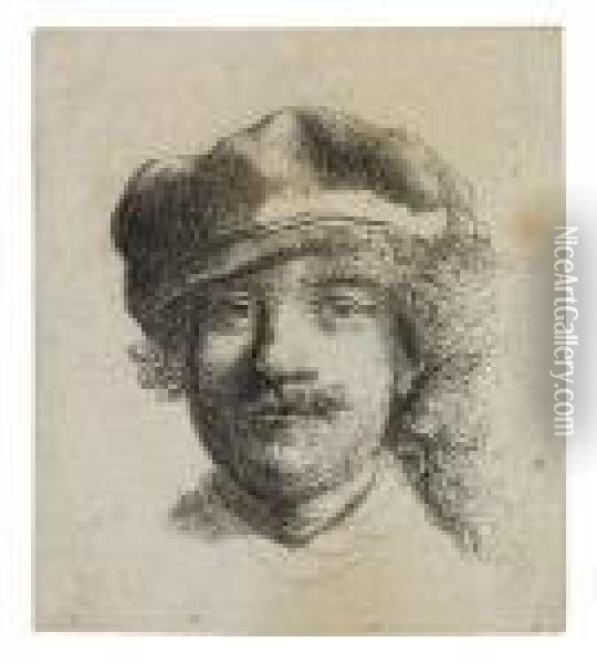 Self Portrait Wearing A Soft Cap: Full Face, Headonly Oil Painting - Rembrandt Van Rijn
