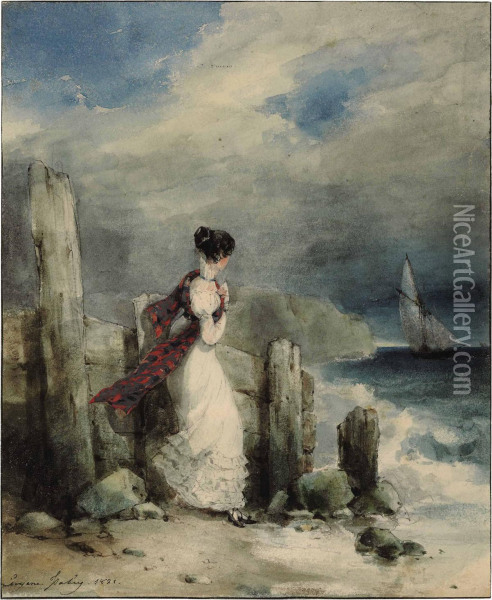 A Young Woman Standing On A Rocky Coastline Staring Out To Sea Oil Painting - Eugene Isabey