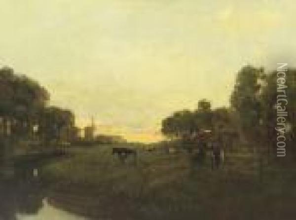 Along The River At Sunset Oil Painting - Jan Martinus Vrolijk