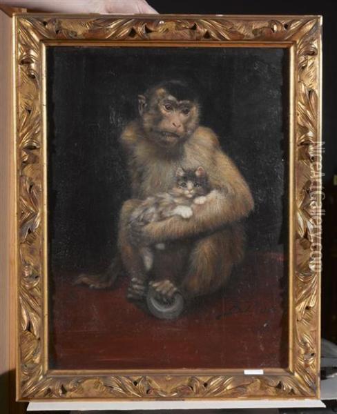 Affe Und Katze. Oil Painting - Burkhard Katzen-Flury