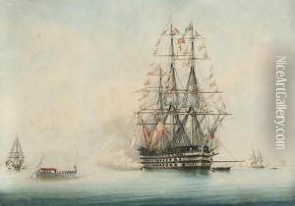 A French First Rate Lying At 
Anchor In The Roadstead At Toulon,dressed Overall For An Important 
Visitor Approaching In Abarge Oil Painting - Francois Geoffroy Roux
