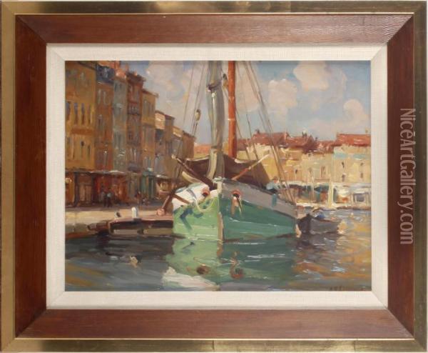 A Docked Boat Oil Painting - Jules Ribeaucourt