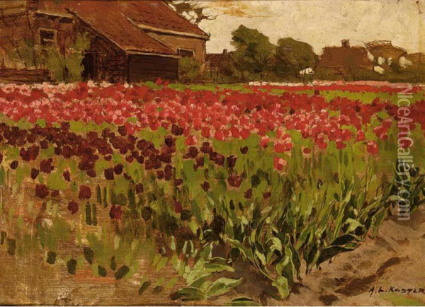 Paarsche En Roode Darwin Tulpen Oil Painting - Anton Lodewijk Koster