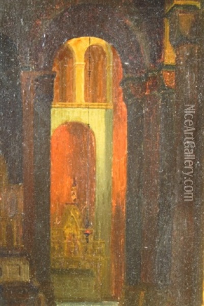 Italian Cathedral Interior With Priest Oil Painting - Theodor Groll