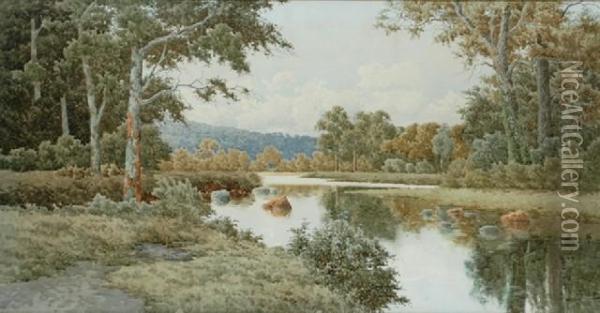 River Reflections Watercolour 
Signed'h Tebbitt' Lower Right 59 X 114 Cm Provenance: Private 
Collectionmelbourne Oil Painting - Henri Tebbitt