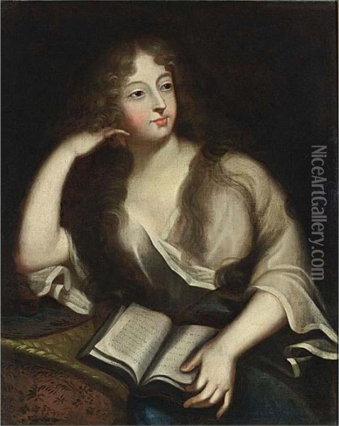 A Portrait Of A Young Lady Reading Oil Painting - Sir Godfrey Kneller