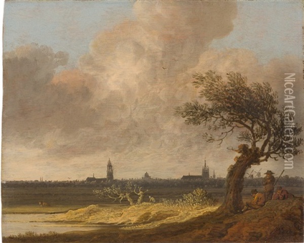 Weite Landschaft Mit Rastenden Unter Einem Baum, Im Hintergrund Die Stadt Delft Oil Painting - Jacob Van Der Croos