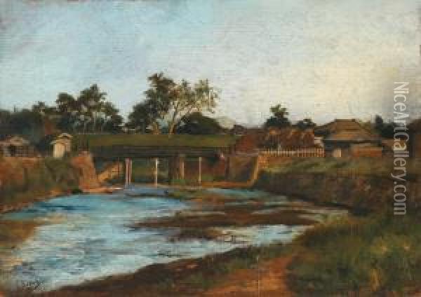 Village Japonnais Au Bord De La Riviere Oil Painting - Georges Ferdinand Bigot