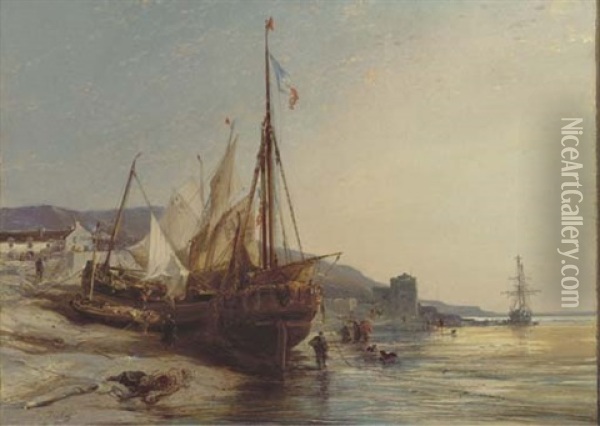 Beached Boats Oil Painting - Louis-Gabriel-Eugene Isabey