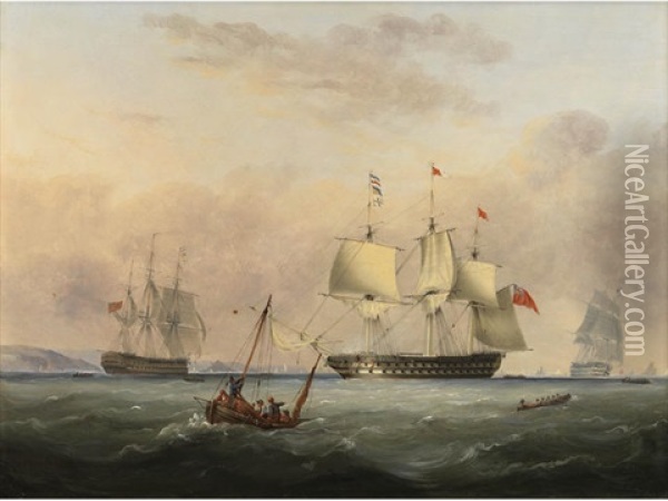 A 74 Gun Ship Of The Line Entering Plymouth Sound Oil Painting - Nicholas Matthew Condy