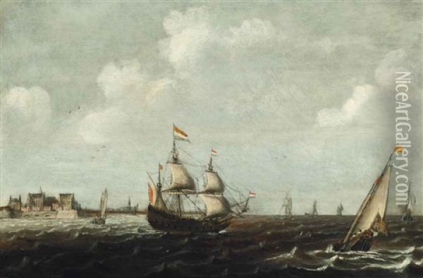 A Dutch Threemaster And Other Shipping In Choppy Waters, A View Of Fort Rammekens Off The Coast Of Vlissingen Beyond Oil Painting - Claes Claesz Wou