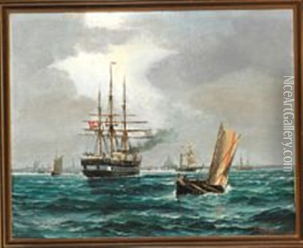 The Frigate Jutland, A Pilot Boat And Numerous Ships Off Copenhagen Oil Painting - Vilhelm Victor Bille