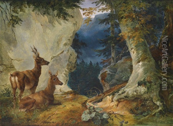 Zwei Rehe In Gebirgslandschaft Oil Painting - Friedrich Gauermann