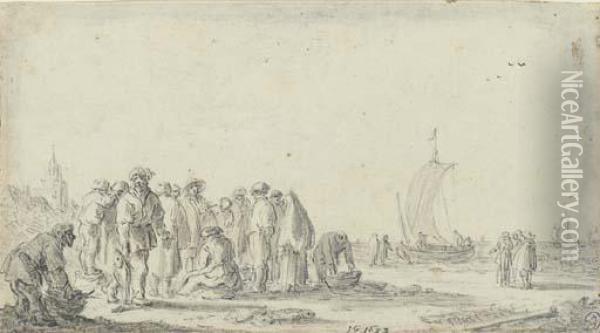 Fisherfolk On A Beach, The Fishing Fleet Seen Beyond Oil Painting - Jan van Goyen