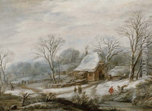 A Winter Landscape With Figures By A Cottage Oil Painting - Pieter Dircksz van Santvoort