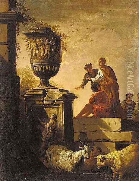 A capriccio of classical ruins with figures conversing before an urn Oil Painting - Giovanni Paolo Panini