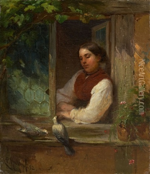 Christine Rumpf Am Fenster Mit Zwei Tauben Oil Painting - Philipp Rumpf