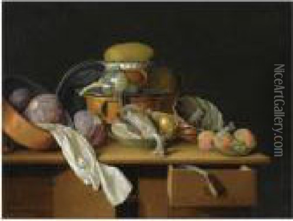 A Kitchen Still Life With 
Cabbages In A Pewter Pot, A Cauliflower On A Pewter Plate, A Chicken And
 A Pear In A Bowl, Peaches And Grapes In A Bowl, All On A Wooden Table Oil Painting - Peter Jacob Horemans
