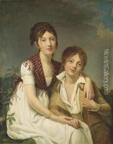 Portrait D'amelie-justine Et De Charles-edouard Pontois Oil Painting - Adele Romany