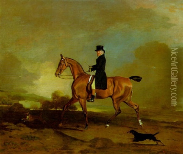 A Gentleman (francis Const?) On A Bay Hunter With Two Terriers In A Landscape Oil Painting - Benjamin Marshall