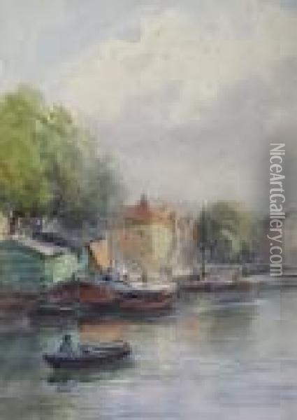 Rowing A Boat And Barges On A Canal Oil Painting - William Bingham McGuinness