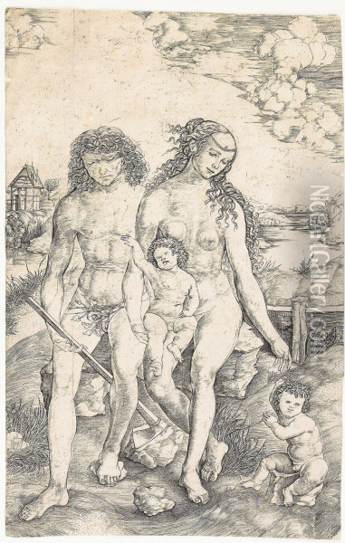 Adam And Eve Seated With The Infants Cain And Abel Oil Painting - Cristofano Robetta