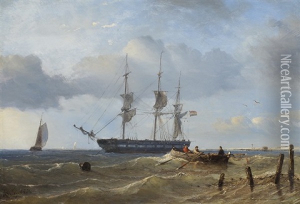 Marine Mit Dreimaster, Segelschiff Und Ruderboot Oil Painting - Petrus Paulus Schiedges the Elder
