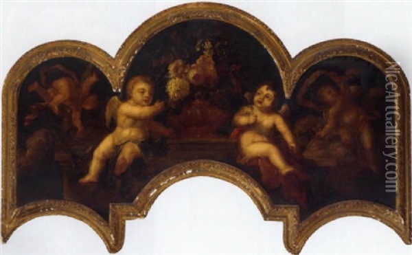 Putti With An Urn Of Flowers On A Ledge Oil Painting - Pieter Casteels III