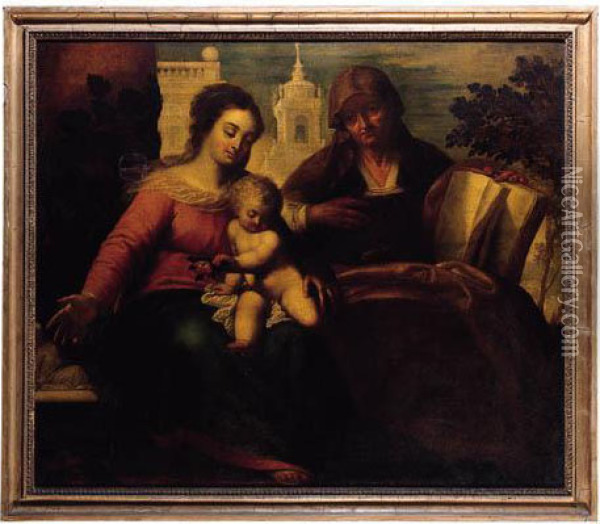 The Madonna And Child With Saint Anne, A Church Beyond Oil Painting - Santo Peranda