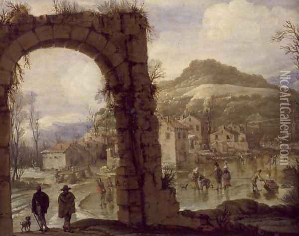 Winter Scene with an Arch Oil Painting - AB. C.