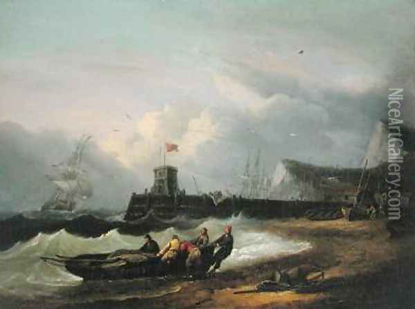 Hauling a Boat Ashore off Dover Harbour 1813 Oil Painting - Thomas Luny
