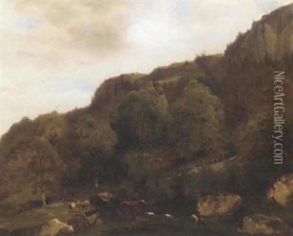 Paysage De Montagne Avec Gros Roches Et Vaches Oil Painting - Alexandre Calame