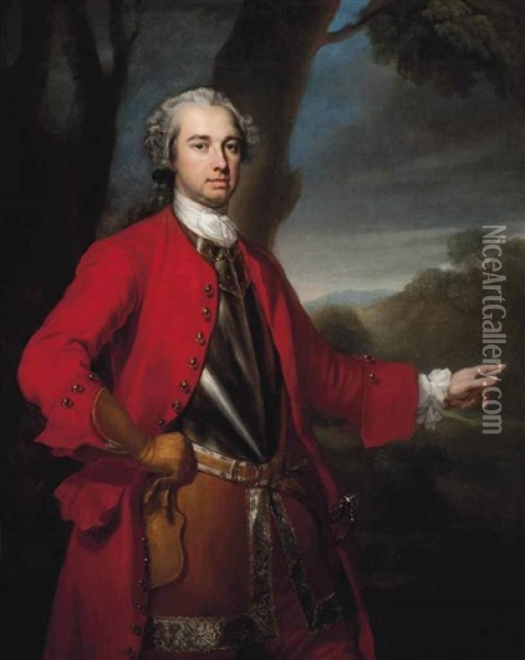 Portrait Of An Officer, Thought To Be Major William Caulfield (c. 1698-1767), Half-length, In A Breastplate And A Red Coat, A Park Landscape Beyond Oil Painting - George Knapton