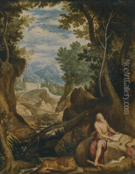 Saint Jerome In A Landscape Oil Painting - Girolamo Muziano