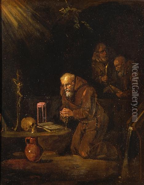 Monks Praying Oil Painting - Egbert Ii Van Heemskerck