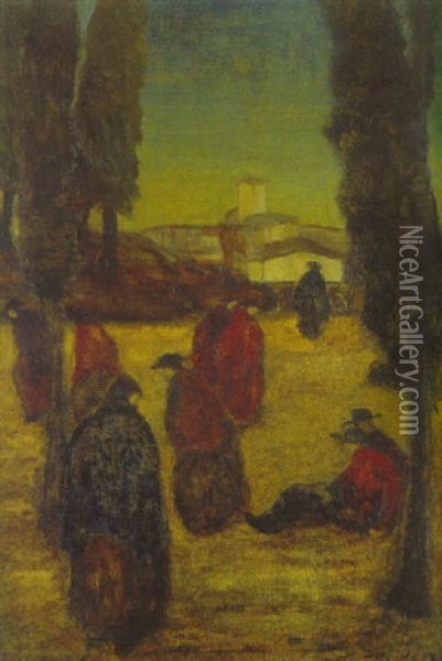 Vatikan.  Wandelnde Geistliche In Romischem Park Oil Painting - Willy Davidson