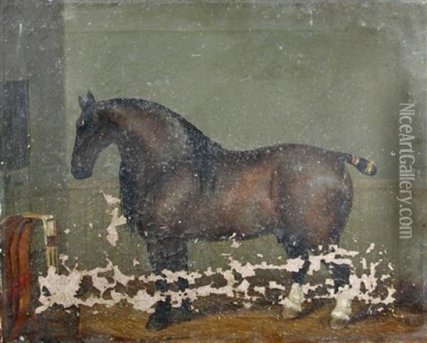 A Pair Of Heavy Horse Studies (2) Oil Painting - F. Stoward
