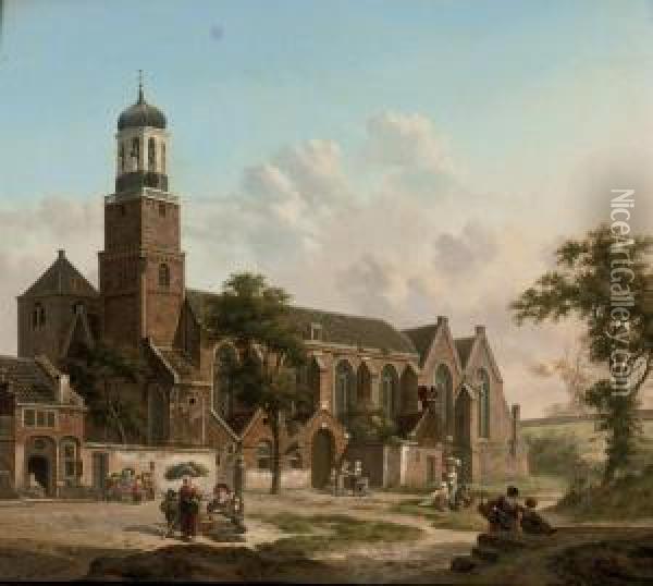 Townspeople Near The Nicolaikerk, Utrecht Oil Painting - Jan Hendrik Verheijen